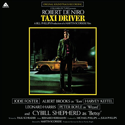 “Taxi Driver” soundtrack vinyl cover featuring Robert De Niro in a yellow-lit city scene.