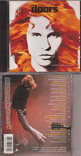 The Doors soundtrack CD cover featuring Jim Morrison's face surrounded by flames and tracklist.