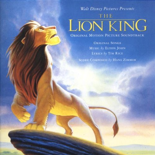 CD cover for "The Lion King" soundtrack featuring Simba looking upwards.