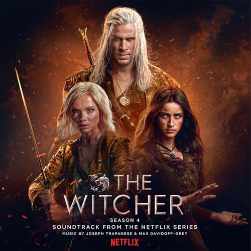 The Witcher Season 4 soundtrack vinyl cover featuring Geralt and two women.