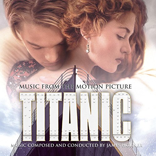 Titanic soundtrack CD cover with Jack and Rose, and ship illustration.