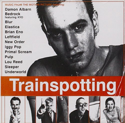 “Trainspotting” soundtrack CD cover with a black and white portrait and tracklist.