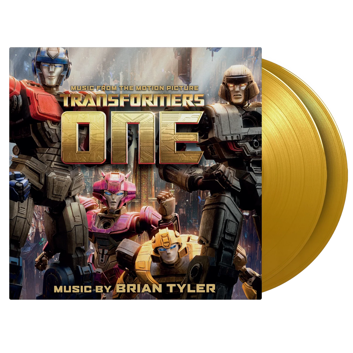 Transformers One soundtrack gold vinyl LP with character artwork.