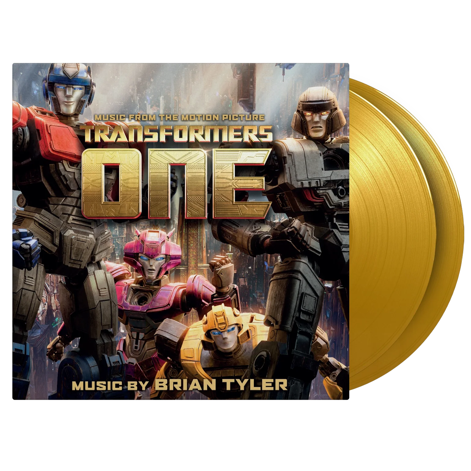 Transformers One soundtrack gold vinyl LP with character artwork.