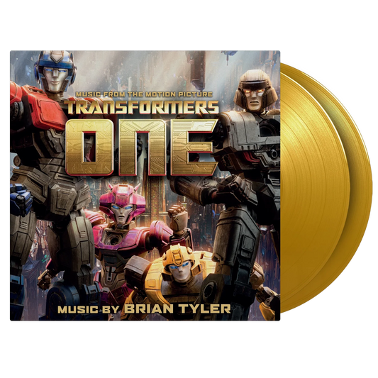 Transformers One soundtrack gold vinyl LP with character artwork.