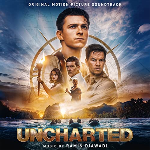 Uncharted movie soundtrack cover art featuring the film's cast and a tropical water scene.
