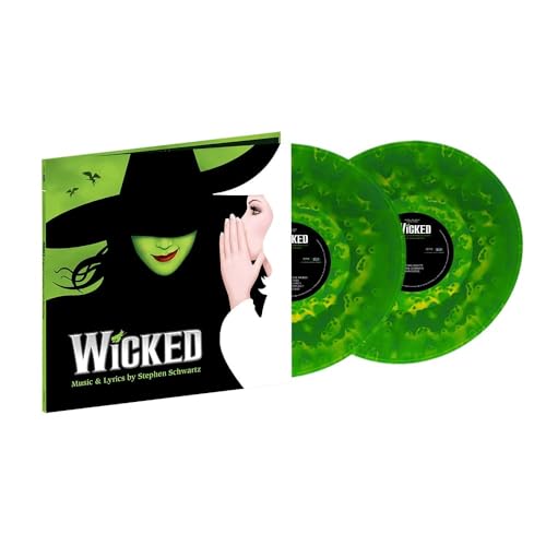 Wicked soundtrack vinyl album cover with two green marbled vinyl records.