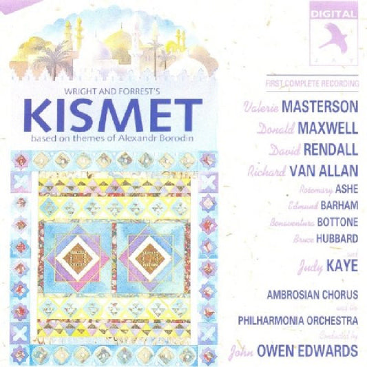 CD cover for “Kismet” musical, featuring ornate rug and cityscape.