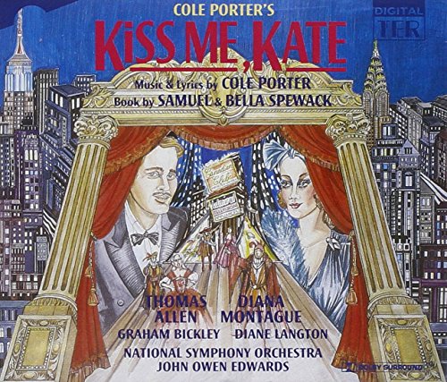 CD cover for “Kiss Me Kate” musical, featuring illustrated cityscape and portraits.
