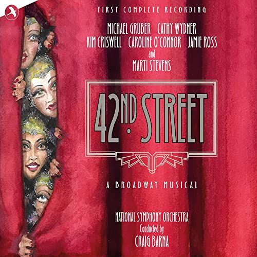 CD cover for “42nd Street” musical, featuring faces behind red curtains.