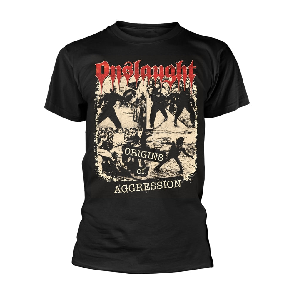 Black t-shirt with graphic of figures and text "Origins of Aggression".