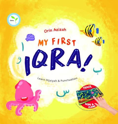 Colorful children’s book cover, “My First Iqra!”, with Arabic letters and illustrations.