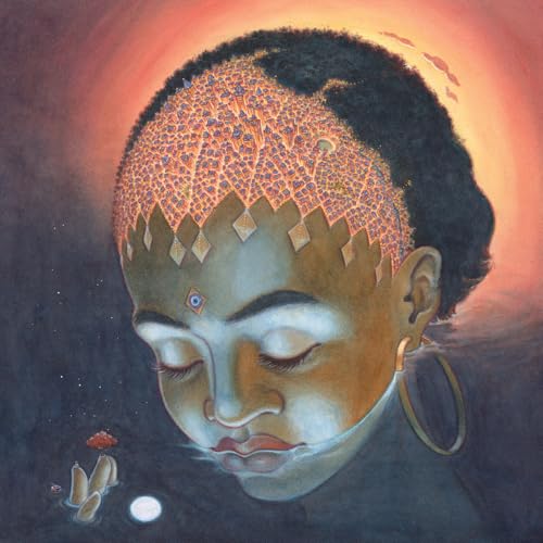 Painting of a person with a textured head and closed eyes.