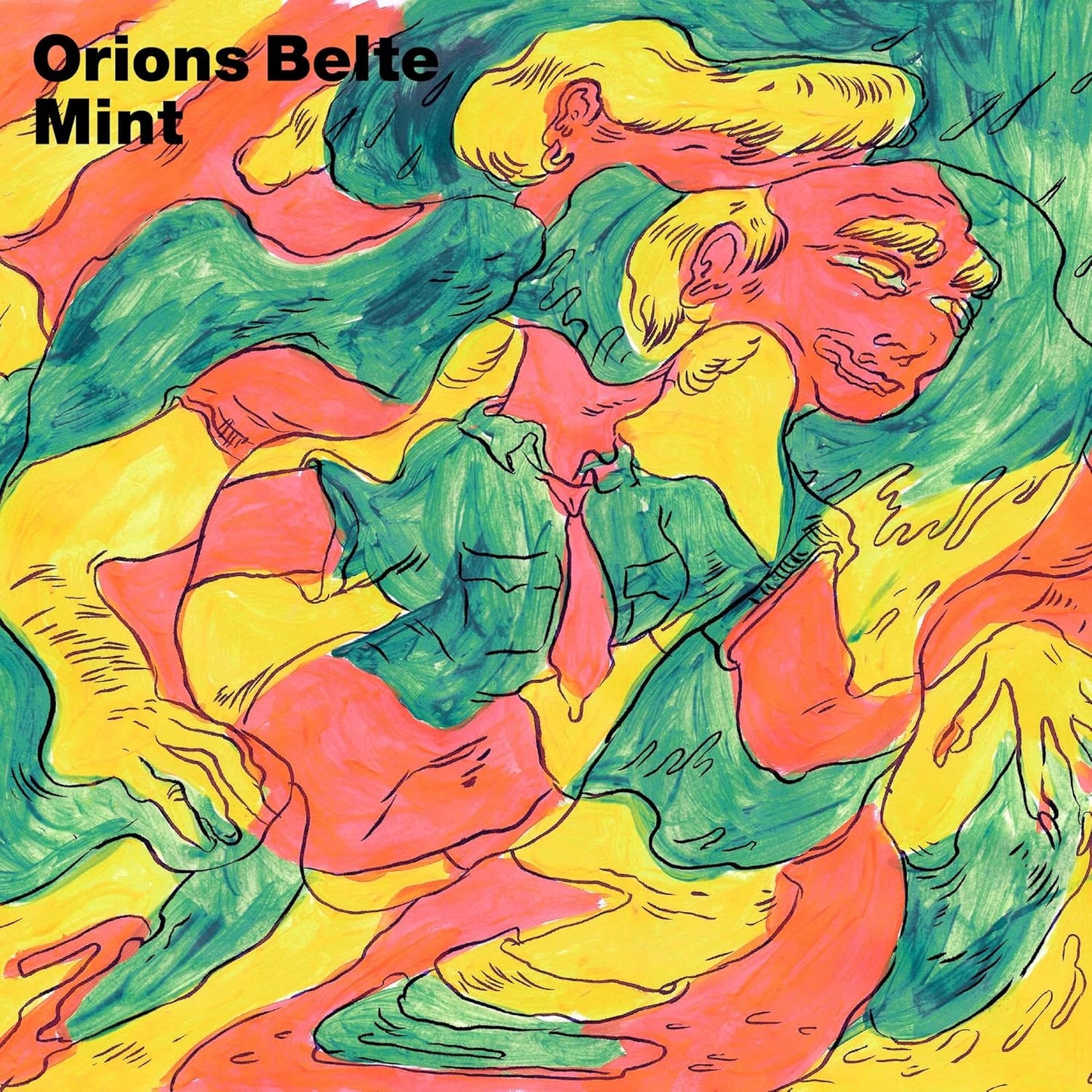 Vinyl album cover: illustrated figures in swirling yellow, pink, and teal.