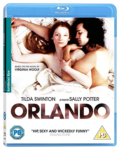 Blu-ray cover for "Orlando" featuring Tilda Swinton and a man in bed.