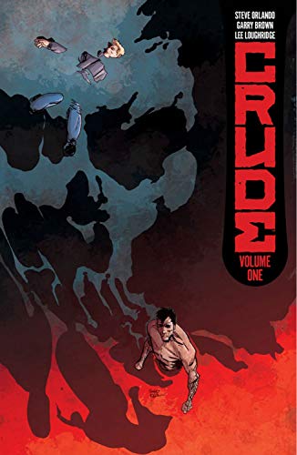 Comic book cover with a man falling amidst dark, splattered shadows, with "Crude" title.
