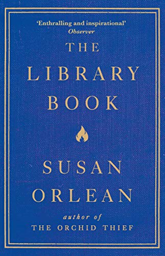 Blue book cover with gold text reading "The Library Book" by Susan Orlean.
