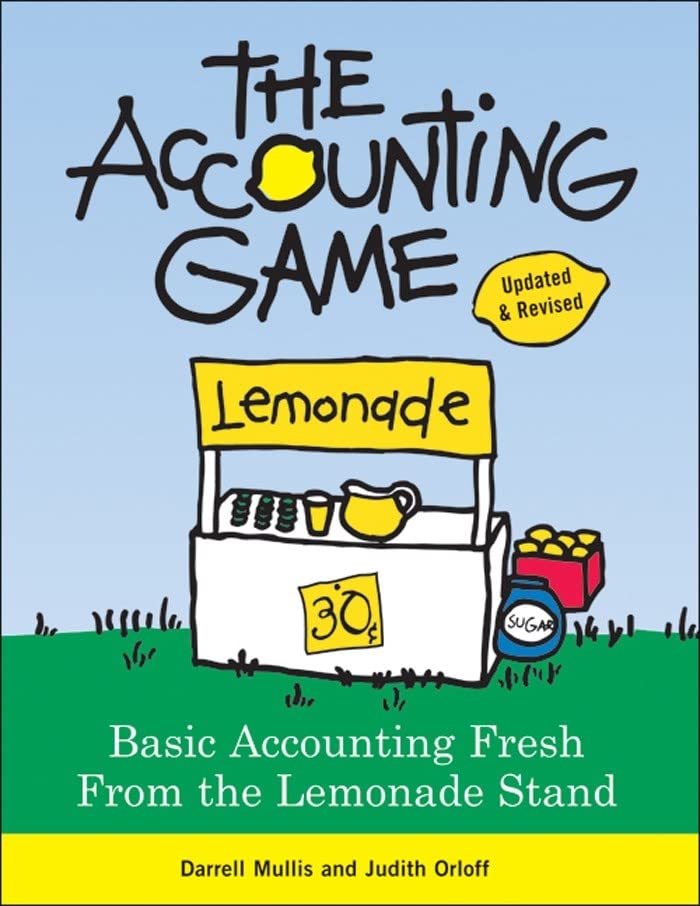 Book cover with hand-drawn lemonade stand and title "The Accounting Game.