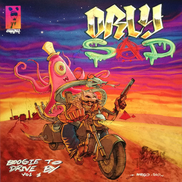 Vinyl album cover: cartoon octopus and wolf riding a motorcycle.