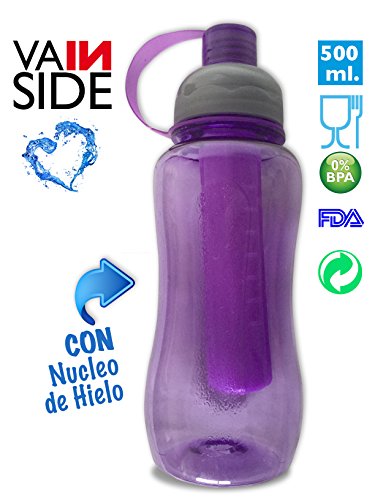 Purple plastic water bottle with a grey lid and ice core feature.