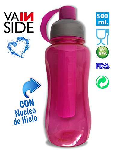 Pink plastic water bottle with blue and white graphics, side view.
