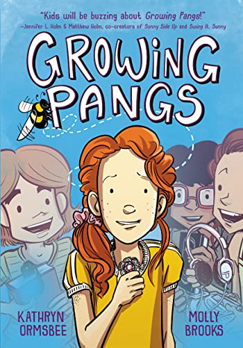 Book cover: “Growing Pangs” with illustrated children and a bee.
