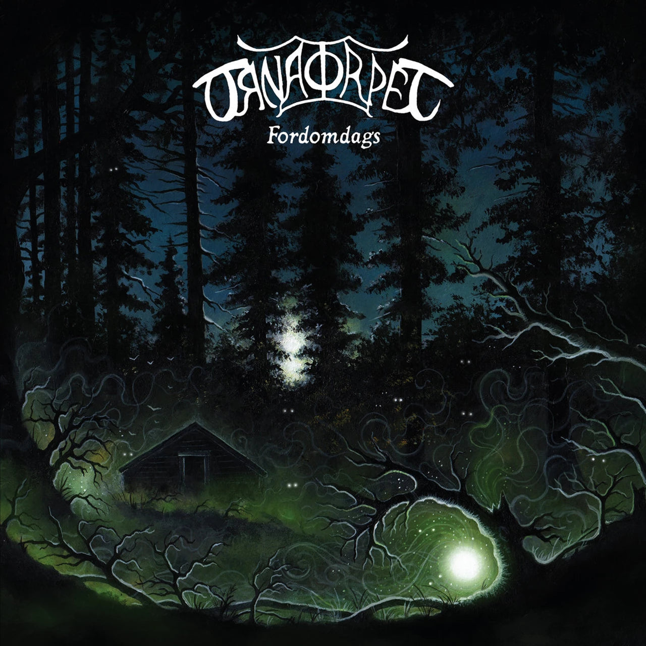 Album cover for "Fordomdags" by Örnatorpet, depicting a forest and small cabin.