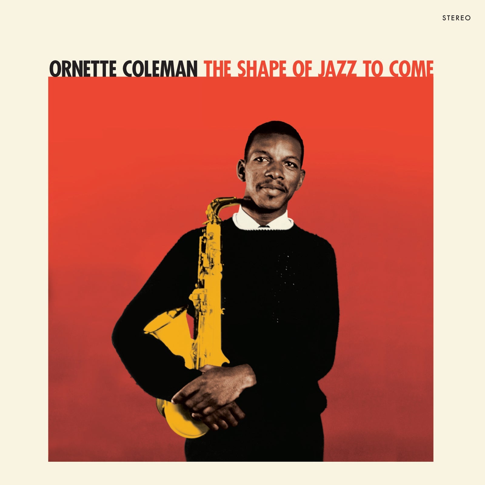 Ornette Coleman holding a yellow saxophone against a red background on album cover.