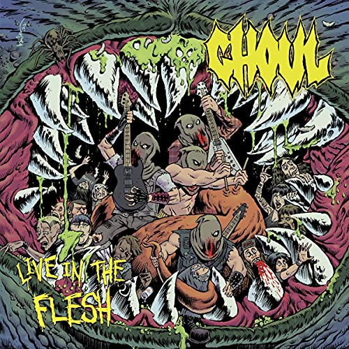 Comic book style illustration of masked musicians performing inside a giant monster's toothy mouth.