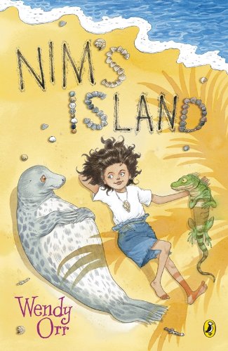 Book cover: girl with seal and lizard on a sandy beach.