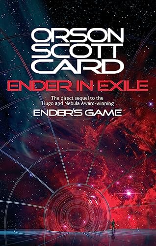 Book cover: "Ender in Exile" by Orson Scott Card, with space nebula background.