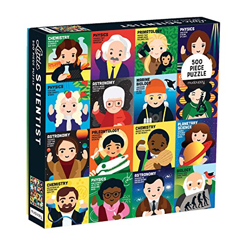 A 500-piece puzzle box featuring illustrated portraits of diverse scientists and their fields.