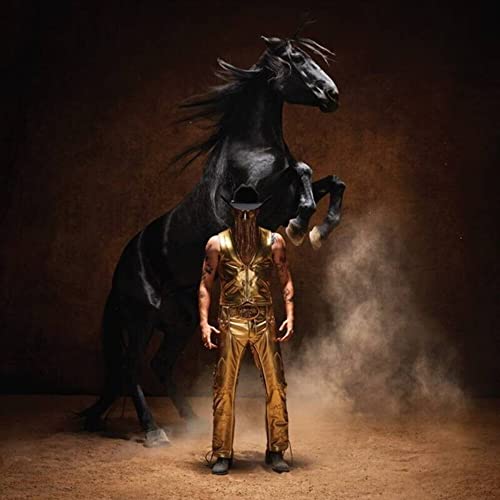 Orville Peck album cover featuring a masked figure and a black horse.