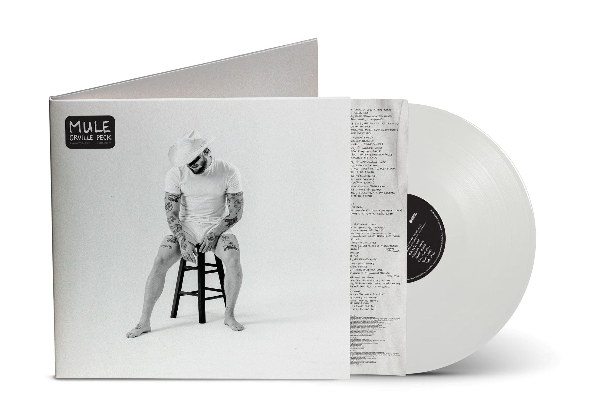 White vinyl record of Orville Peck’s “Mule” with a cowboy portrait.