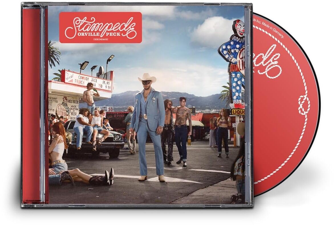 Orville Peck’s “Stampede” CD case with a cowboy and crowd scene.
