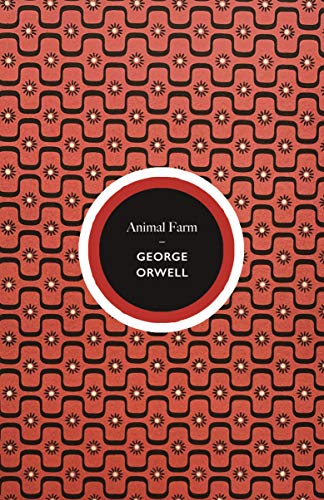 Red cover with white circular design displaying “Animal Farm” by George Orwell.