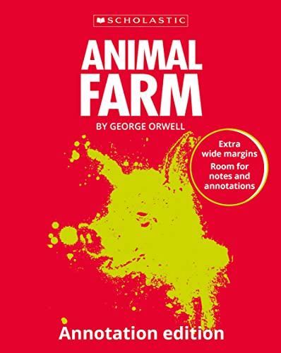 Red book cover with white text “Animal Farm” and a green pig illustration.