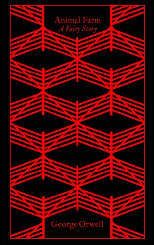 Black book cover with red geometric design, title “Animal Farm” by George Orwell.