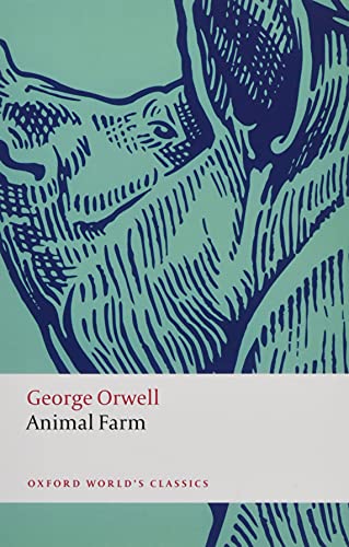 Book cover of "Animal Farm" featuring a pig’s head in dark blue on teal.