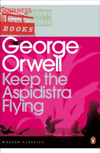 Book cover: "Keep the Aspidistra Flying" by George Orwell, pink and teal.