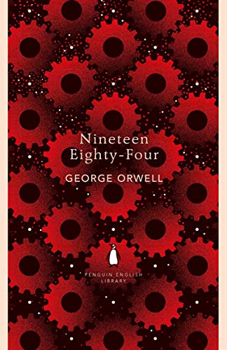 Book cover of "Nineteen Eighty-Four" by George Orwell, featuring red gears and white text.