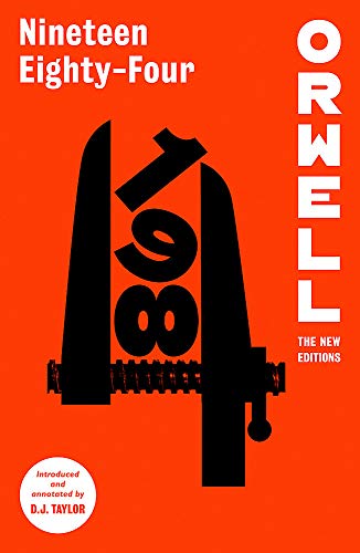 Book cover for Nineteen Eighty-Four by Orwell, featuring a black clamp graphic on orange.