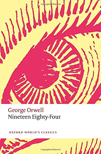 Book cover of Nineteen Eighty-Four featuring a large pink stylized eye on yellow background.