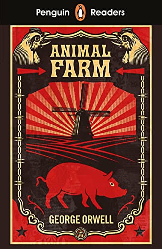 Book cover for "Animal Farm" featuring a pig, windmill, and chickens.