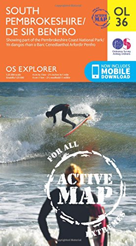 OS Explorer map cover: South Pembrokeshire, featuring a surfer on waves.