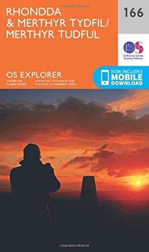 OS Explorer Map 166, Rhondda and Merthyr Tydfil, with sunset landscape.