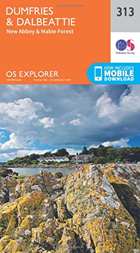 Orange and white Ordnance Survey Explorer map of Dumfries and Dalbeattie.