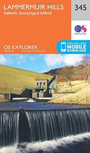 Ordnance Survey Explorer map 345 of Lammermuir Hills showing a waterfall and stone structure.