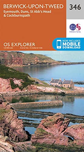 Ordnance Survey Explorer map 346 of Berwick-upon-Tweed showing a coastal landscape with stone houses.