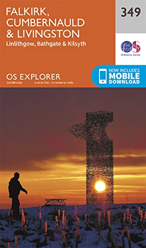 OS Explorer map cover featuring The Kelpies sculpture at sunset.